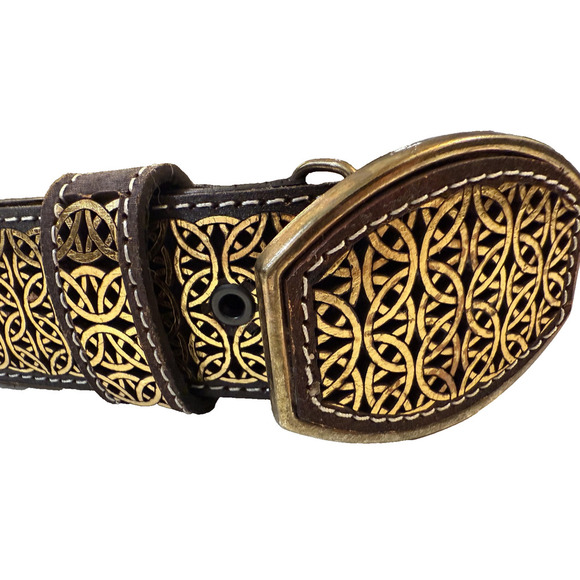 Tona West Leather Belt Mens 44 Brown Gold Tooled Pattern Western Cowboy Buckle - Picture 3 of 5